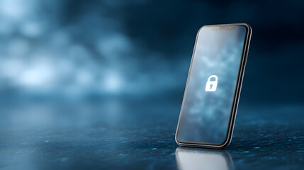 Close-up of smartphone lying flat on dark surface with illuminated lock icon, symbolizing security and data protection.