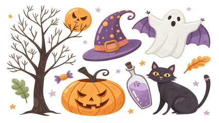 Halloween Icons Set with Pumpkin, Ghost, Cat, and Hat Illustration