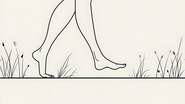 Barefoot Walking Along a Path Beside Grass in a Minimalist Line Art Illustration