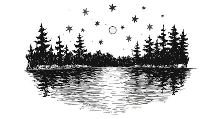 Hand-drawn illustration of a serene night landscape with a forest reflected in a calm lake under a starry sky and moon.