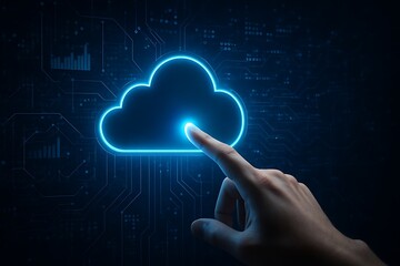 Hand touching a glowing cloud icon on a dark digital background with circuits