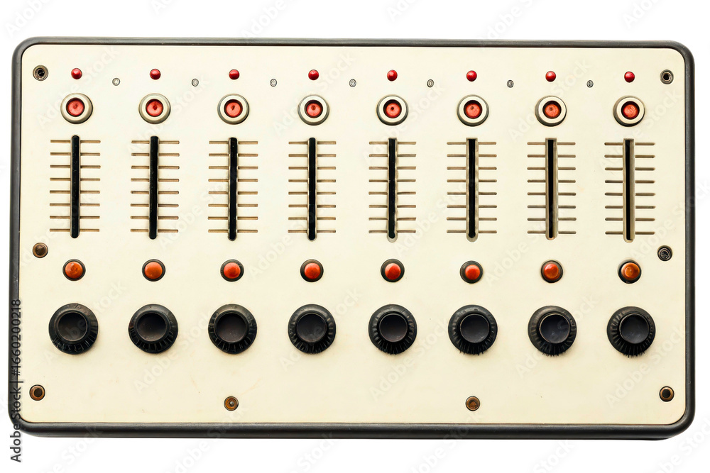 Poster vintage audio mixer with faders and control knobs isolated with transparent background