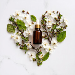 Frasco de vidro âmbar ao lado de conta-gotas de vidro em forma de coração formado por flores naturais, como Flower Remedy Bach Cherry Plum (Prunus cerasifera), remédio floral Bach, fundo mármore branc