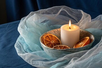 Warm candle flame illuminates dried orange slices in a decorative bowl