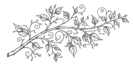 Detailed monochrome drawing of a plant branch with leaves, curls, and intricate details.