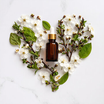 Frasco de vidro &acirc;mbar ao lado de conta-gotas de vidro em forma de cora&ccedil;&atilde;o formado por flores naturais, como Flower Remedy Bach Cherry Plum (Prunus cerasifera), rem&eacute;dio floral Bach, fundo m&aacute;rmore branc