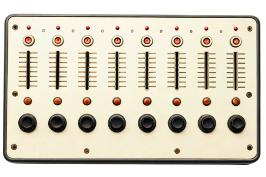 Vintage audio mixer with faders and control knobs isolated with transparent background