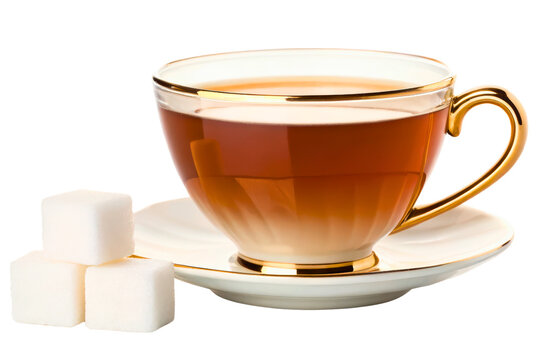 Glass teacup with gold rim filled with tea and sugar cubes isolated with transparent background