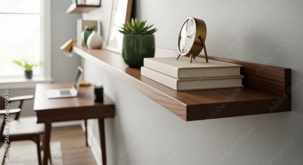 Aufkleber slow pan across a wallmounted floating shelf with concealed hardware emphasizing the smooth floating