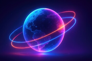 Obraz premium Neon Earth with Glowing Orbits Illustrating Global Connectivity and Futuristic Design