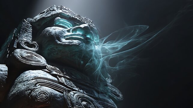 full body view of a colossal stone deity, ancient erosion marks, luminous swirling sound waves escaping from lips, intricate symbolic engravings glowing faintly, atmospheric light 