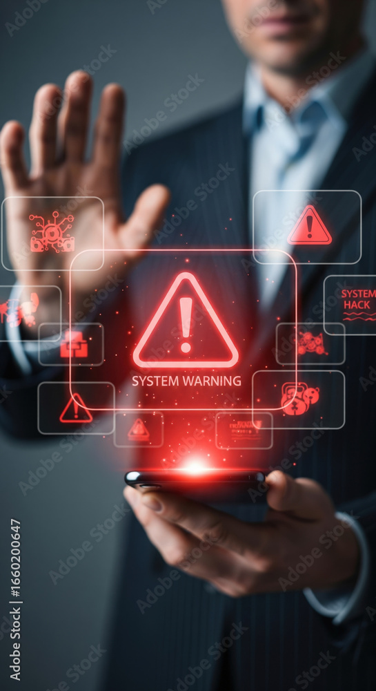 Poster system warning alert cybersecurity threat digital danger data protection security breach hacker risk