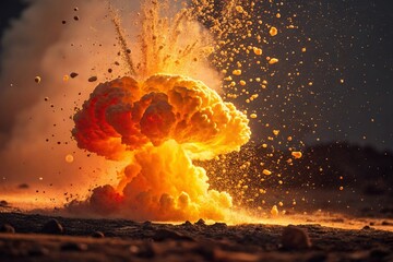 Massive nuclear mushroom cloud explosion with debris flying outwards