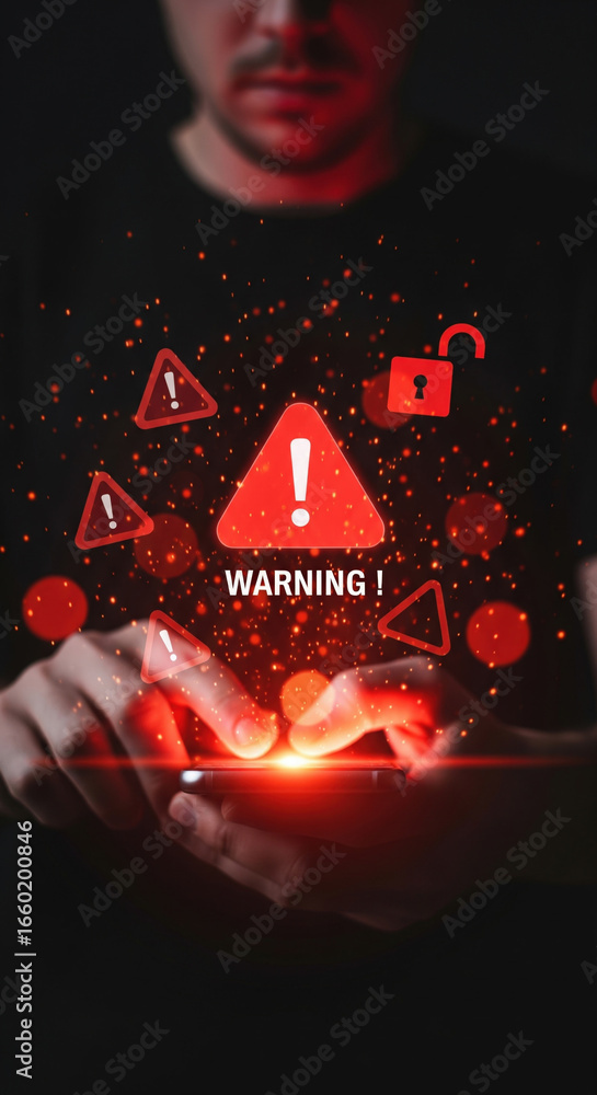 Poster warning alert with exclamation mark and glowing red symbols appears above person hands using smartph