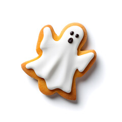Ghost-shaped Halloween cookie with icing . Cute ghost-shaped sugar cookie decorated with white icing and black eyes, perfect for festive holiday treats.
