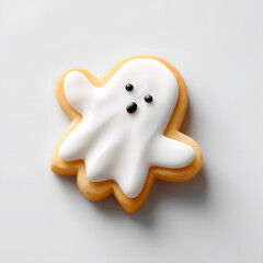 Obraz premium Ghost-shaped Halloween cookie with icing . Cute ghost-shaped sugar cookie decorated with white icing and black eyes, perfect for festive holiday treats.