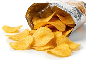 Crispy potato chips spilling out of a foil bag isolated on white background