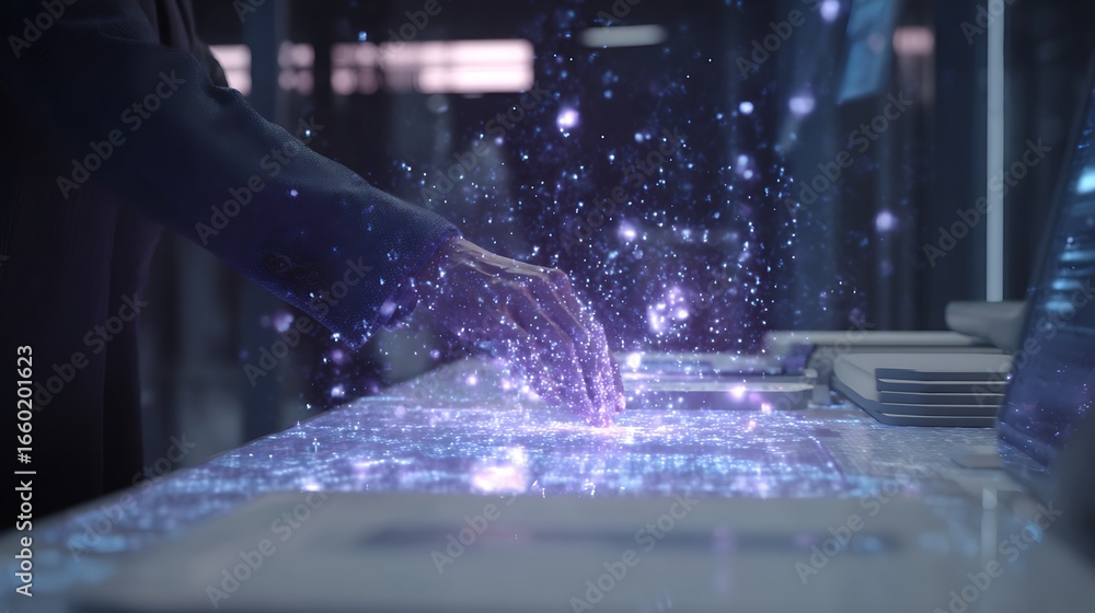 Poster futuristic technology interface hand interaction digital display augmented reality innovation concep