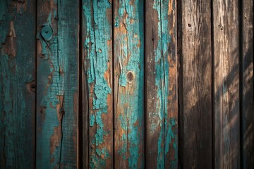 Closeup texture of weathered wooden planks with peeling blue paint and natural grain, creating a rustic background