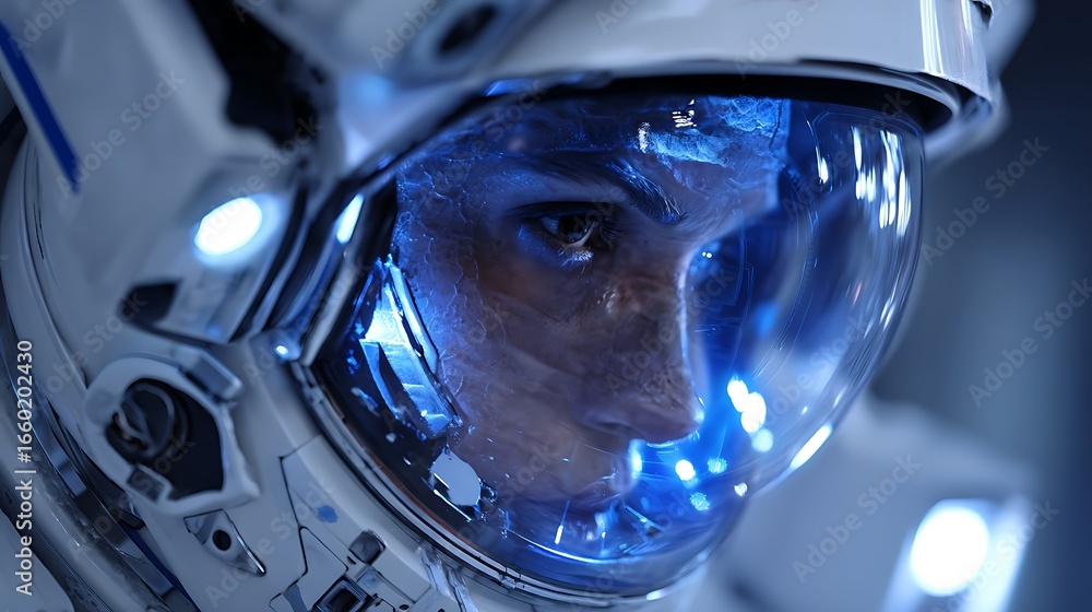 Poster Exploring the cosmos a captivating astronaut in spacesuit helmet stock photo and space exploration image
