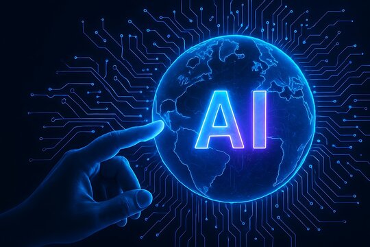 Human hand touching a glowing blue globe with ai neon letters