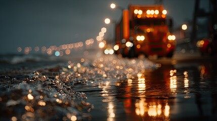 Truck parked by the shore at night with shimmering water and city lights in the background