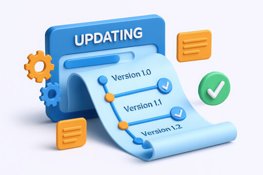 Colorful 3D illustration of an updating interface, showing version release notes and progress indicators.