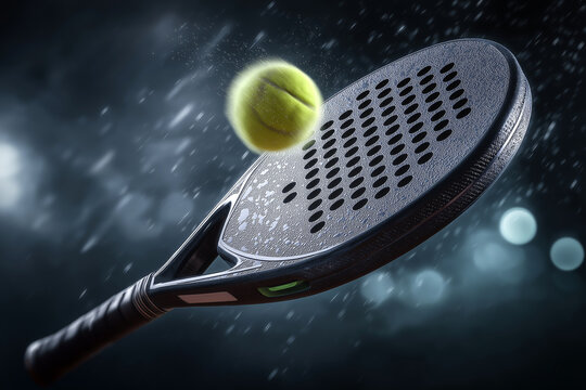 Close-up of a padel racket hitting a padel ball in mid-air, dramatic lighting, motion blur, focus on action and detail.