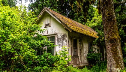 A weathered, light-grey cabin is partially concealed by lush, vibrant green foliage in a serene woodland setting.