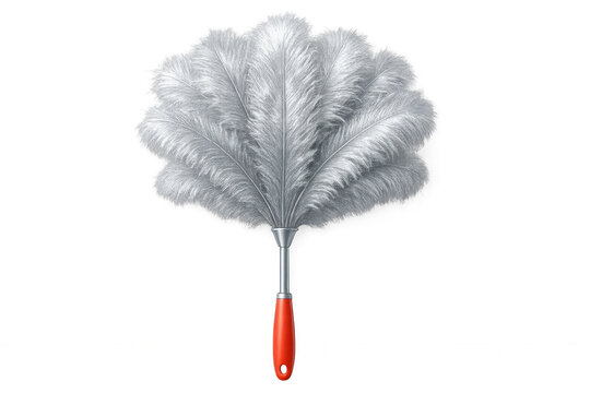 Soft white feather duster with red plastic handle on transparent background, cleaning tool removing dust