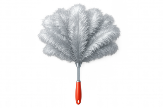 Soft white feather duster with red plastic handle on transparent background, cleaning tool removing dust