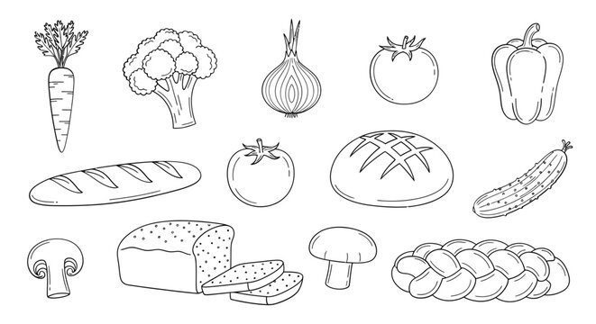 Hand-Drawn Food Items Line Art Illustration