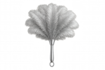 Gray feather duster with metal handle on transparent background, representing cleaning, household chores, and dust removal
