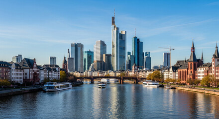 Naklejka premium The Frankfurt city skyline with modern skyscrapers and a historic bridge.