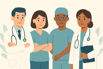 A diverse and dedicated team of medical professionals, including doctors and nurses, stands together, symbolizing modern healthcare and collaborative patient care.