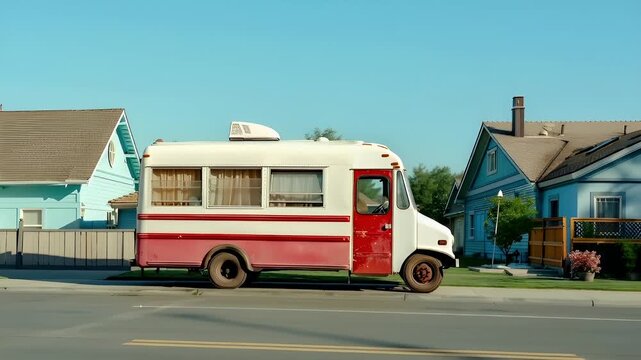 Ice cream truck. A vintage red and white bus parked on the side of a road.