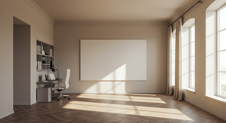 Obraz premium A bright, modern, and minimalist interior room with large windows casting sunlight and shadows across the wooden floor, featuring a desk and bookshelf.