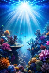 Underwater Coral Reef Ecosystem Vibrant Marine Life Sunlight Shimmering Through Ocean Depths Capturing the Beauty of Nature