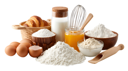 Baking ingredients and tools arranged together isolated on transparent background