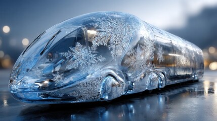 Futuristic train design with intricate ice patterns and a sleek transparent body in a winter setting