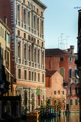 Historic Venetian Architecture Along a Canal in Venice, Italy