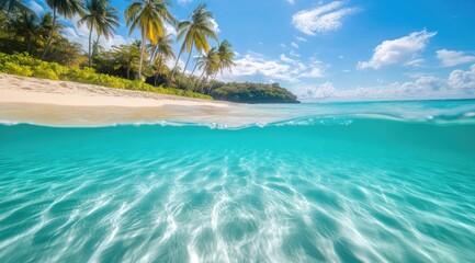 Fototapeta premium Tropical beach split view, shallow turquoise water