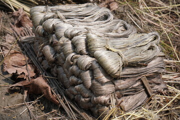 Several bundles of jute fibre are clustered on the ground