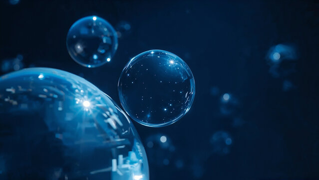 Large glassy spheres with soft glowing reflections, suspended in a deep dark blue space .