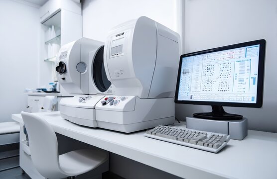 Modern ophthalmic equipment showing eye examination results on monitor in clinic