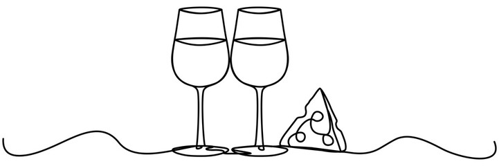 Two wineglasses with cheese piece continuous line drawing. Cheers toast symbol. Champagne drink. Vector illustration isolated on white.
