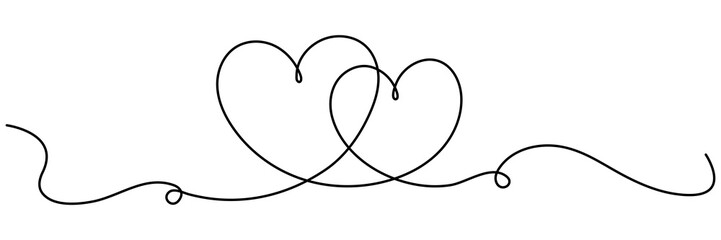 Two hearts continuous line art drawing. Double hearts wavy line. Love couple concept. Vector illustration isolated on white.