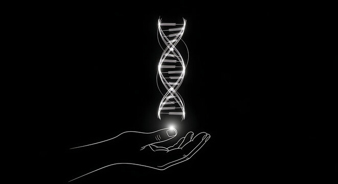 A glowing DNA double helix held gently within a hand, symbolizing life.