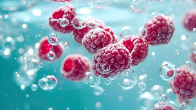raspberries in water with bubbles.