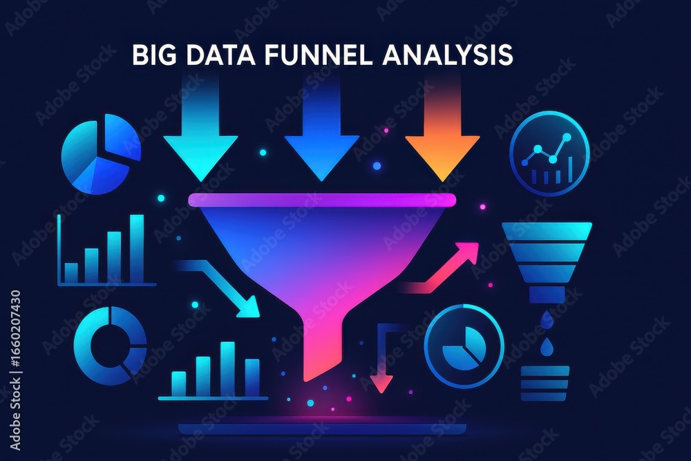 Poster abstract big data funnel analysis illustration with chart and graph icons dark